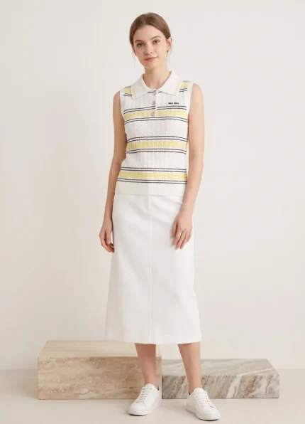 Miu Miu Women's Striped Polo Collar Sleeveless Knit Vest with Logo Label & Letter Buttons