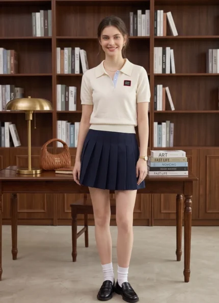 Miu Miu Women’s Cream Thin Knit Polo Collar Contrast Placket Logo Patch Short Sleeve Top