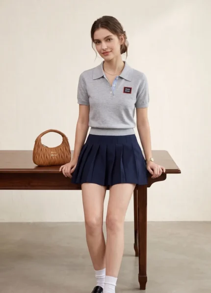 Miu Miu Women’s Heather Grey Knit Polo Collar Contrast Placket Logo Patch Short Sleeve Top