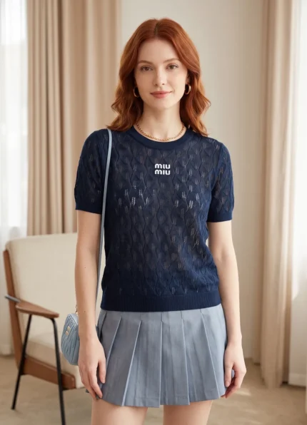 Miu Miu Women’s Navy Diamond Hollow Jacquard Crew Neck Letter Logo Embroidery Knit Short Sleeve Top