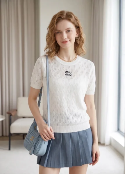 Miu Miu Women’s White Diamond Hollow Jacquard Crew Neck Letter Logo Embroidery Knit Short Sleeve Top