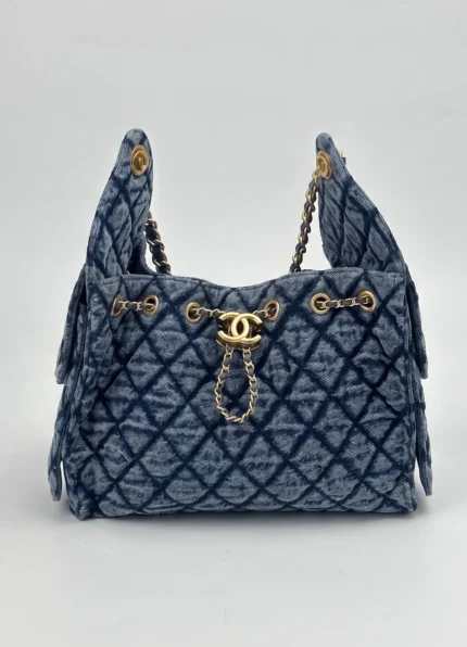 Chanel Denim Quilted Drawstring Chain Shoulder Bucket Bag