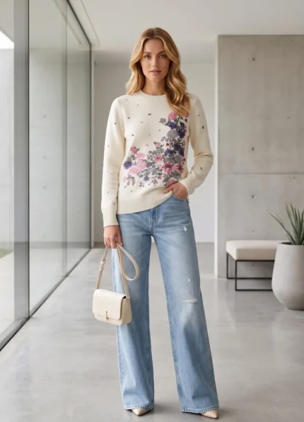 Dior Women Floral Embroidery Crew Neck Long Sleeve Knit Sweater