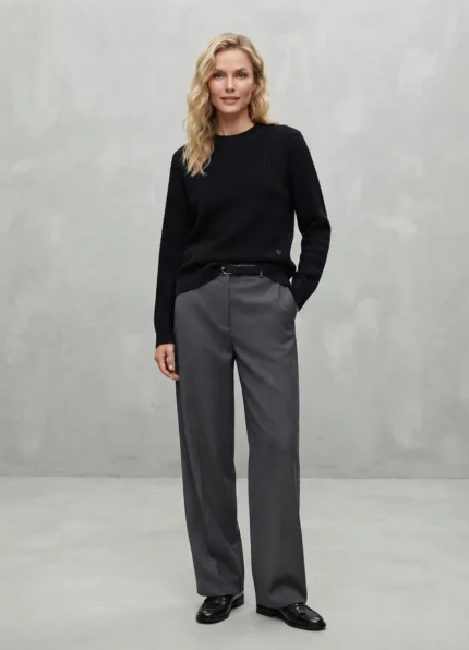 Women Solid Black Wool Knitted Sweater Hermès Round Neck Textured Long Sleeve Loose Knit Top