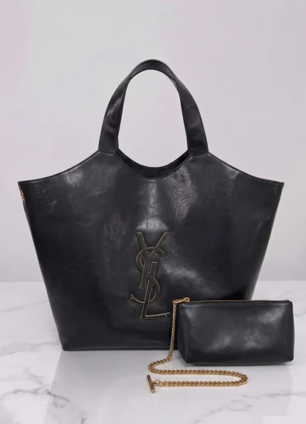 YSL Icare Black Crinkled Leather Tote Handbag With Matching Pouch