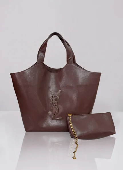 Yves Saint Laurent Icare Dark Brown Leather Tote Handbag With Pouch